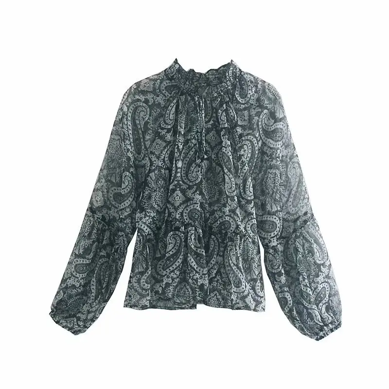Женская винтажная блузка с принтом пейсли и цветочным принтом, повседневная женская блузка с расклешенными рукавами, шикарные Блузы с оборками, женские топы LS4214 - Цвет: as pic LS4214O