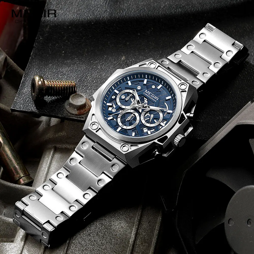 MEGIR Blue Watch Men Stainless Steel Dress Wrist Watch Man - Main Image