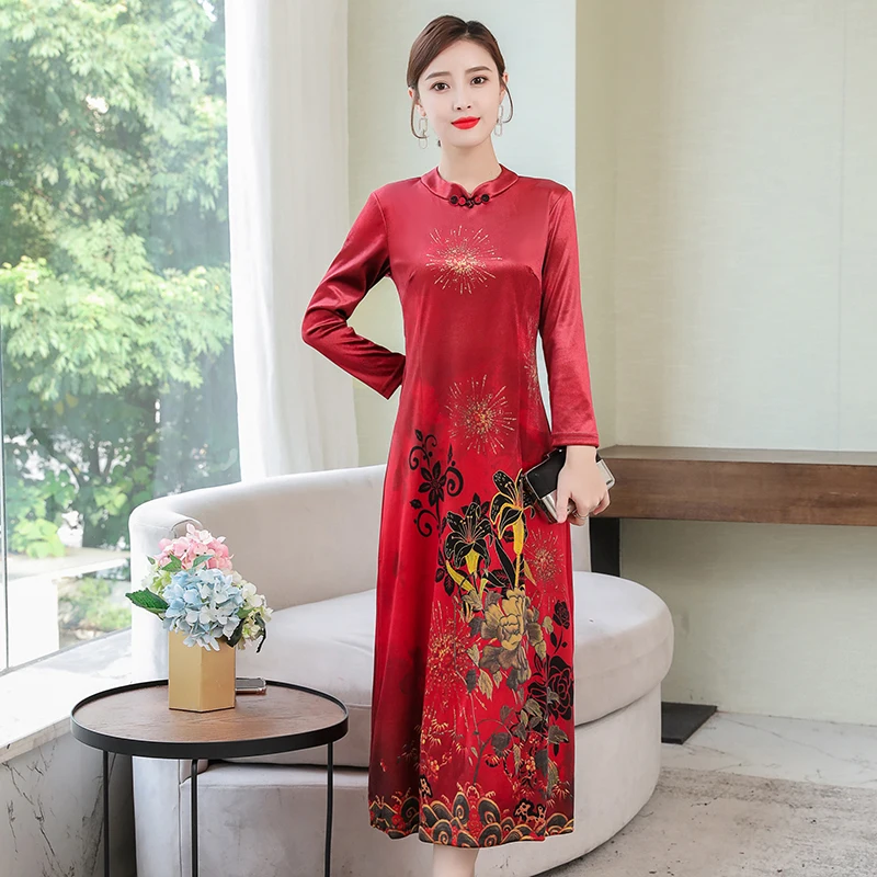Осеннее женское платье Qipao Свободное длинное улучшенное платье для мамы, традиционная китайская одежда красного цвета