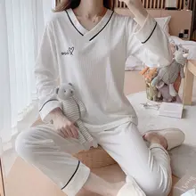 Pajamas Women Autumn V-neck Long-sleeved Spring and Winter Student Ladies Cartoon Loose Home Service Two-piece Suit Sleepwear