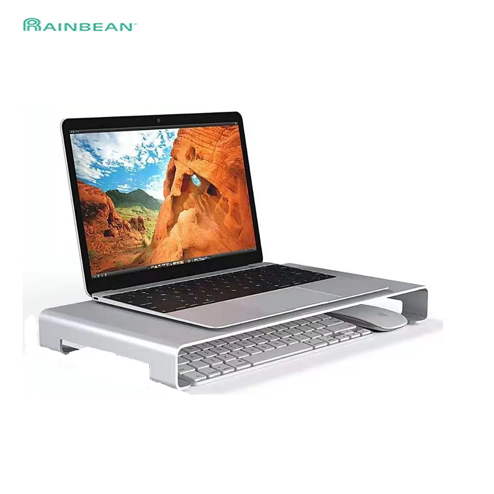  Laptop Table Computer Display Monitor Riser TV Stand with Keyboard Mouse Storage Slots Aluminum All