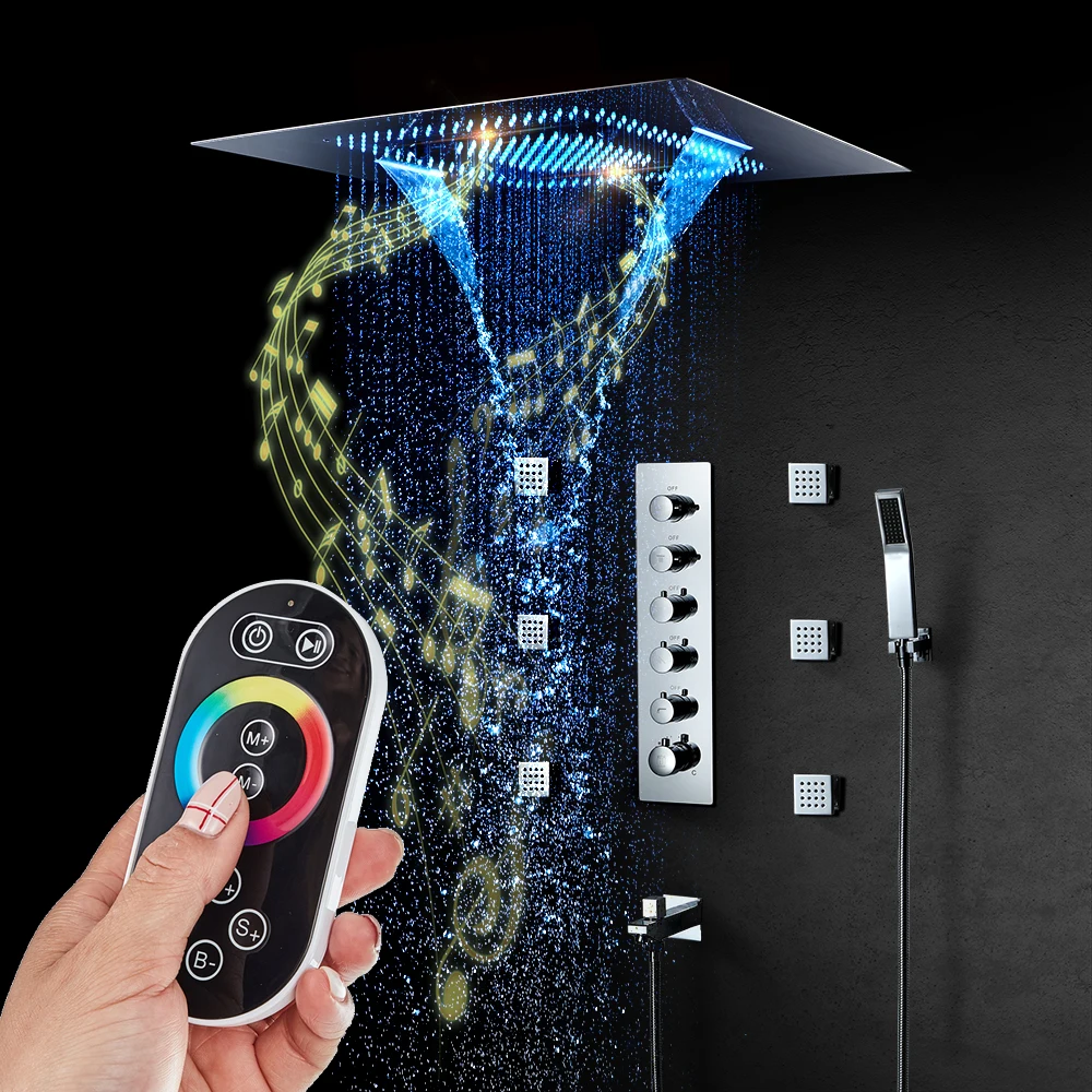 Музыкальная душевая головка пульт дистанционного управления светодиодный 60x80 см туманный водопад дождевой потолок Термостатический смеситель для душа в ванной комнате с корпусом струи - Цвет: Remote Control Light