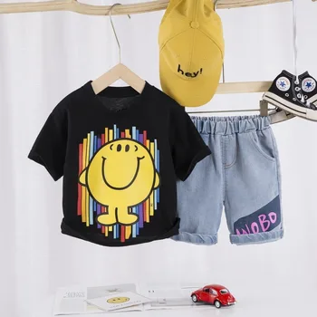 

Boys Clothes Stretch Denim Shorts + Cartoon O-neck T-shirt Summer New Children Holiday Costume Casual Short-sleeved Toddler Sets