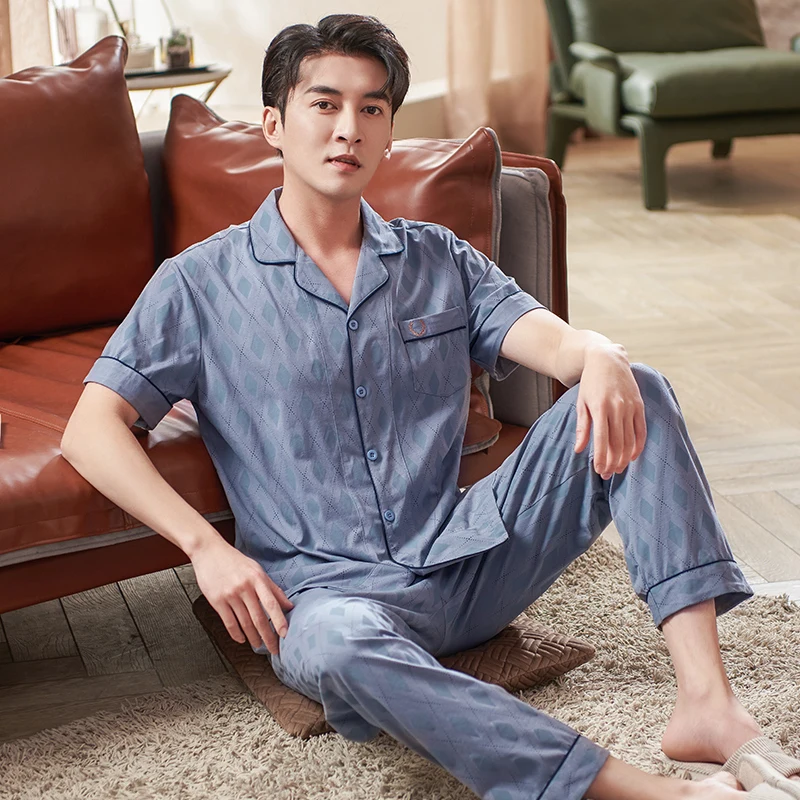 white cotton pyjamas Men Turn-Down Collar Pajamas Set Summer Modal Male Pyjamas Loose Men Home Set Sleepwear Short-sleeve Cardigan Tops + Long Pants mens cotton pyjamas Pajama Sets