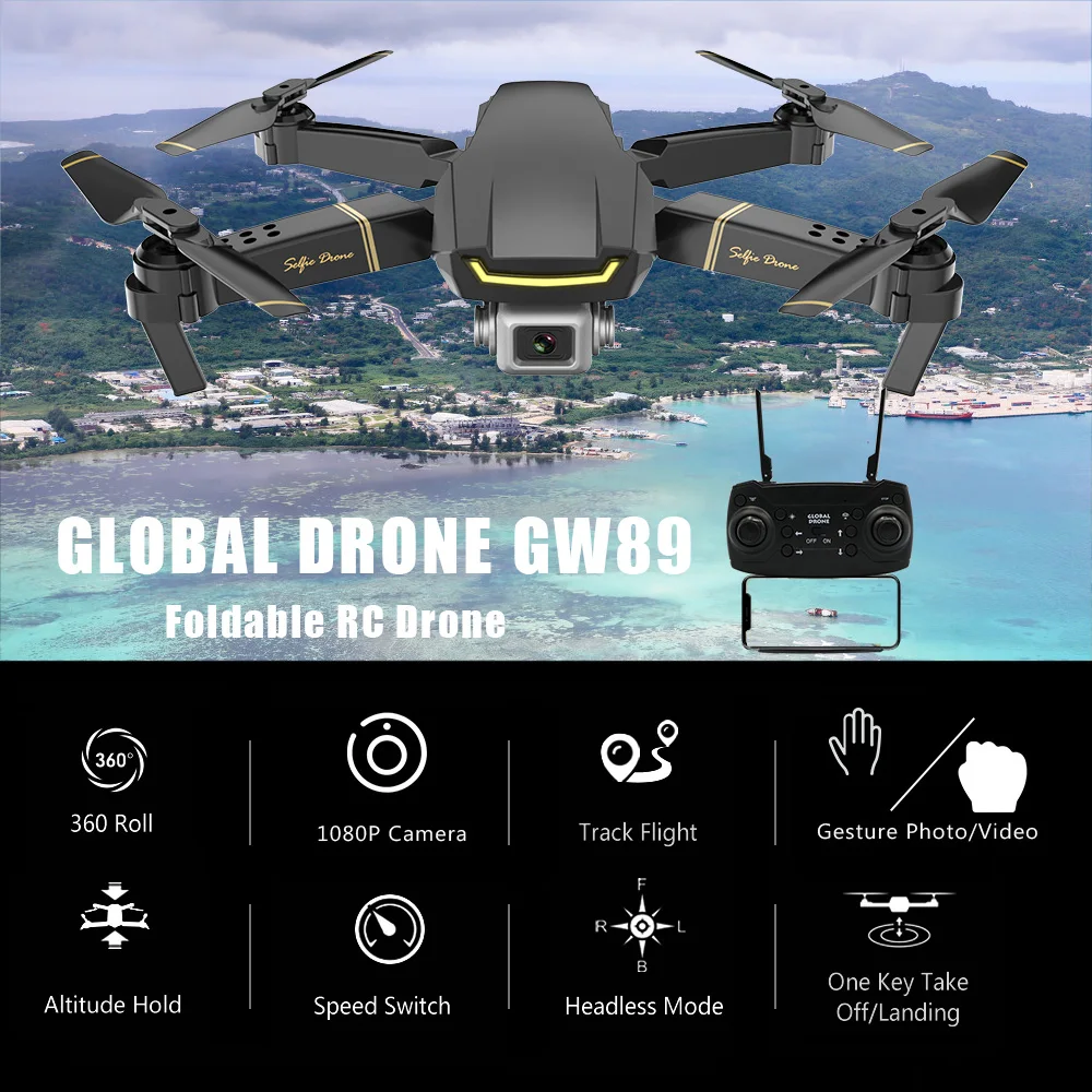 Складной радиоуправляемый квадрокоптер GW89 wi fi FPV камера 1080P HD жест фото видео