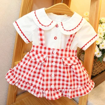 

2020 Summer Girls Sets New Children's Wear Cute Girl Doll Collar Short-Sleeved Shirts + Princess Strap Dress Set