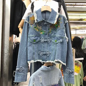 

2020 Spring New Retro Flower Embroidered Personality Flash-Style Short High-Waist Denim Jacket Women's Jean Jacket Ropa Mujer