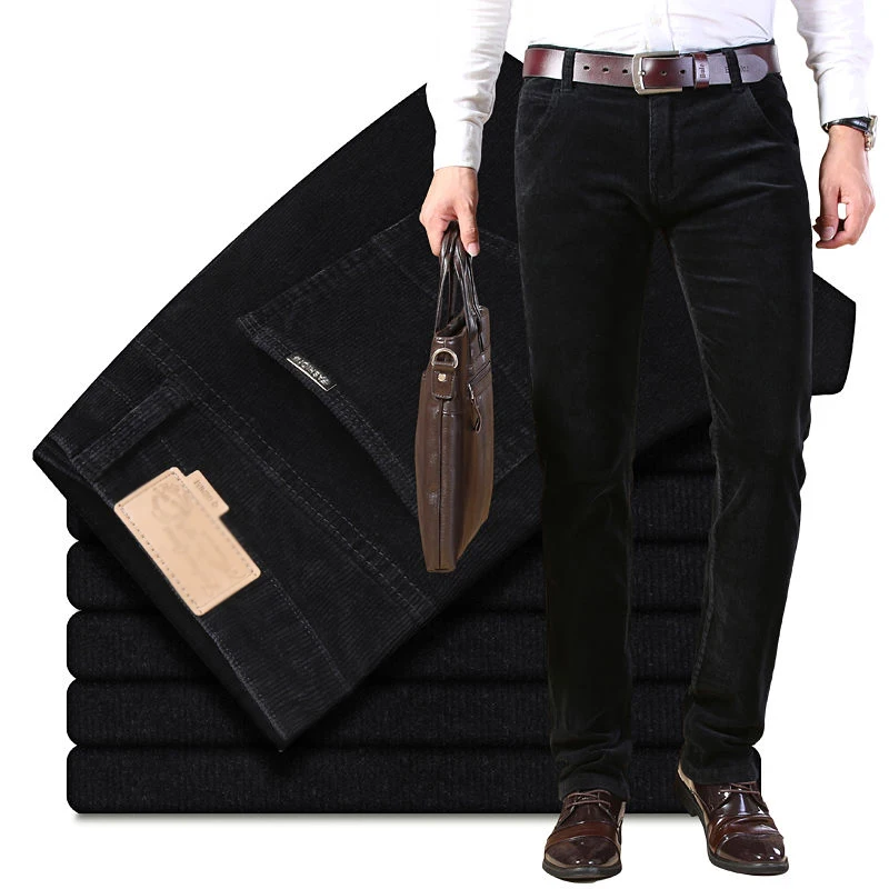 Idopy осень зима мужские толстые теплые вельветовые брюки флисовые брюки мужские повседневные деловые стильные длинные джинсы мужские - Цвет: Черный