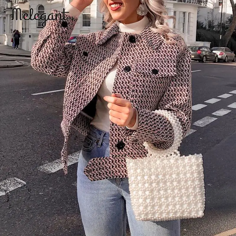 Melegant tweed women blazer coat autumn winter vintage elegant short blazer coat button retro ladies blazers coat outwears