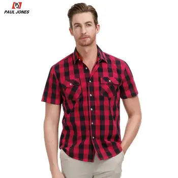 

PAUL JONES PJ Men's Casual Cotton Buffalo Plaid Shirt Stylish Short Sleeve Square Collar Shirt Tops Slim Fit Grid Shirts PJ0191