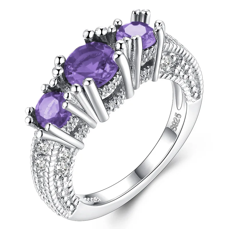 Silver 925 Jewelry Round Gemstones Ring For Women Zircon Ruby Amethyst Emerald Citrine Sapphire Aquamarine Size5-10