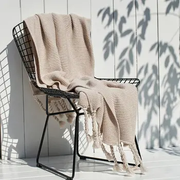 

Nordic Chunky Knitted Throw Blanket Solid Color Braided Fringe Tassels Soft Warm Office Air Conditioning Shawl Cover