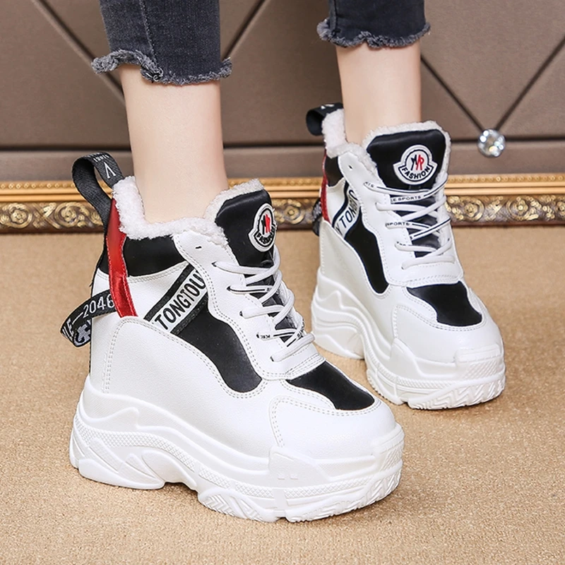 Winter Women Chunky Sneakers Hidden Heels 11CM Height Increasing Ladies Wedge High Top 2020 Plush Warm Platform Women Shoes