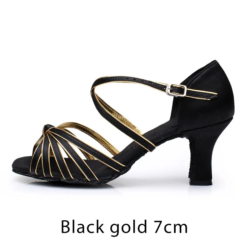 Black gold 7cm Для женщин Туфли для латинских танцев для девочек, Танцы Обувь для бальных танцев сальса обувь; комнатные тапочки; Мягкая атласная красочные женские туфли на высоком каблуке 5/7 см кроссовки - Цвет: Black gold 7cm