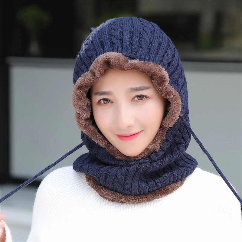 New Unisex Winter Knitted Hat Neck Protection Beanie Cap Add Fur Lined Warm Hats For Men Women Balaclava Cap Windproof warm hat