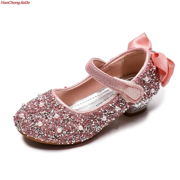 

Kids High Heel Shoes For Girls Party Shoe Beaded Lace Wedding Children Shoes Leather Princess Shoes Silvers Pink Size 26-36