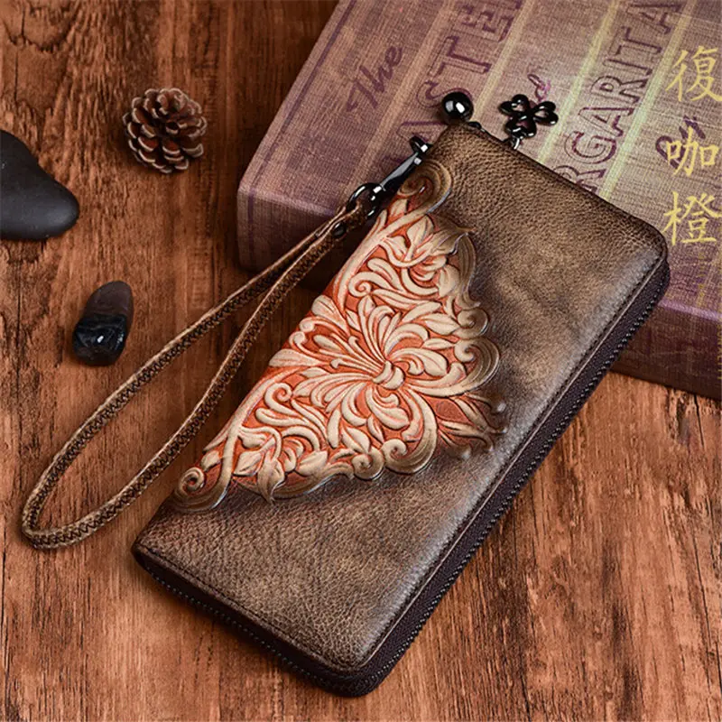 Nesitu Highend Vintage Beautiful Red Brown Coffee Flower Pattern Genuine Leather Women Clutch Bag Female Phone Wallet Purse M002 | Багаж и