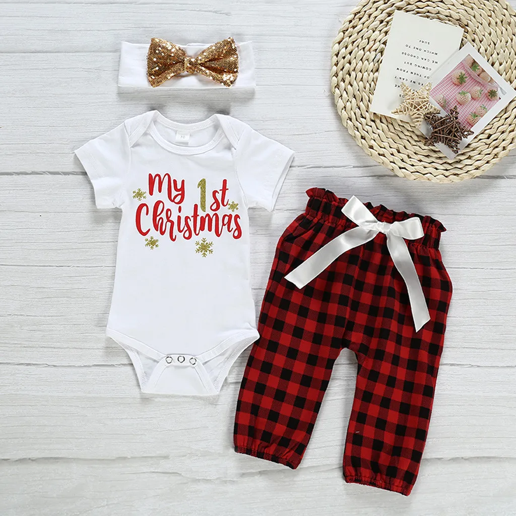 My First Christmas Newborn Infant Baby Girl Letter Romper Plaid Pants Hairband Outfits conjunto infantil menino | Детская одежда и