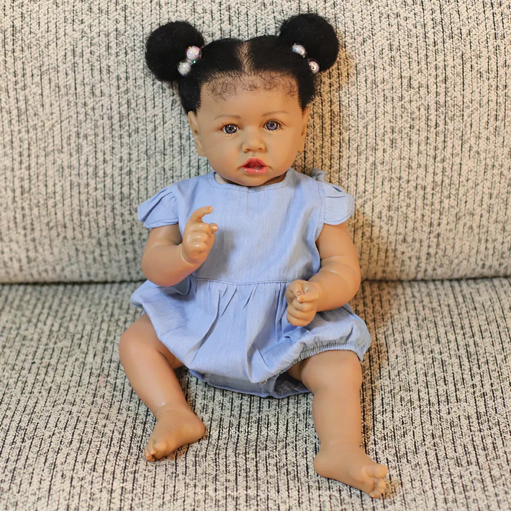 58cm Realistic Reborn Baby Girl Black African American Saskia Simulation  Full Body Soft Silicone Doll 22inch Boneca Toy Toddler