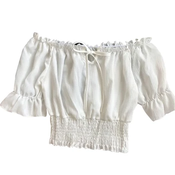 

Holiday Ruched Casual Pullover Lantern Sleeve Summer Club Elastic Waist Tank Strapless Women Crop Top Beach Off Shoulder Sexy