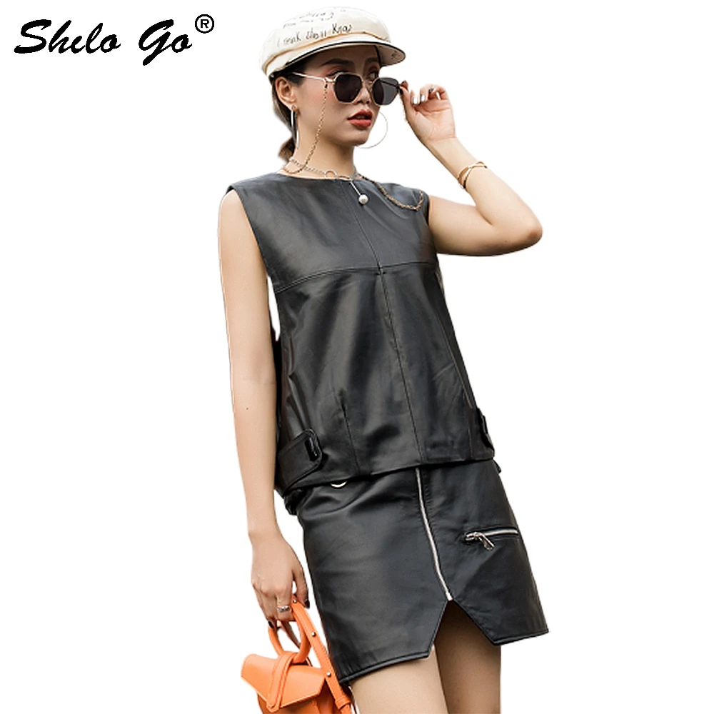 Genuine Leather Vest Minimalist O-Neck Solid Button Side Detail Sleeveless Sheepskin Pullover Tops Women Office Lady Outwear