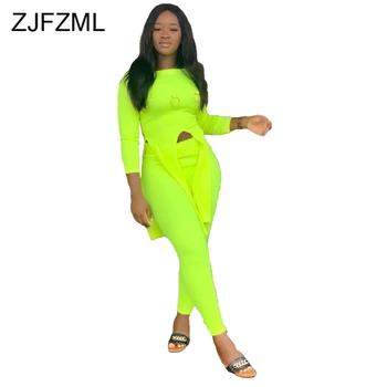 

Neon Green Plus Size 2 Piece Outfits Women Festival Clothes High Split Long Top and Skinny Pants Sweatsuits Casual Tracksuits