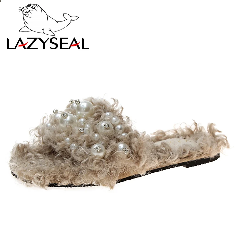 LazySeal/домашние тапочки с жемчугом; женская обувь года; женские модные шлепанцы; Роскошная обувь; женские шлепанцы - Цвет: Beige