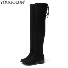 Стрейчевая ткань; облегающие высокие сапоги; Женская осенне-зимняя обувь на среднем каблуке; модные женские сапоги выше колена с перекрестными ремешками; A328