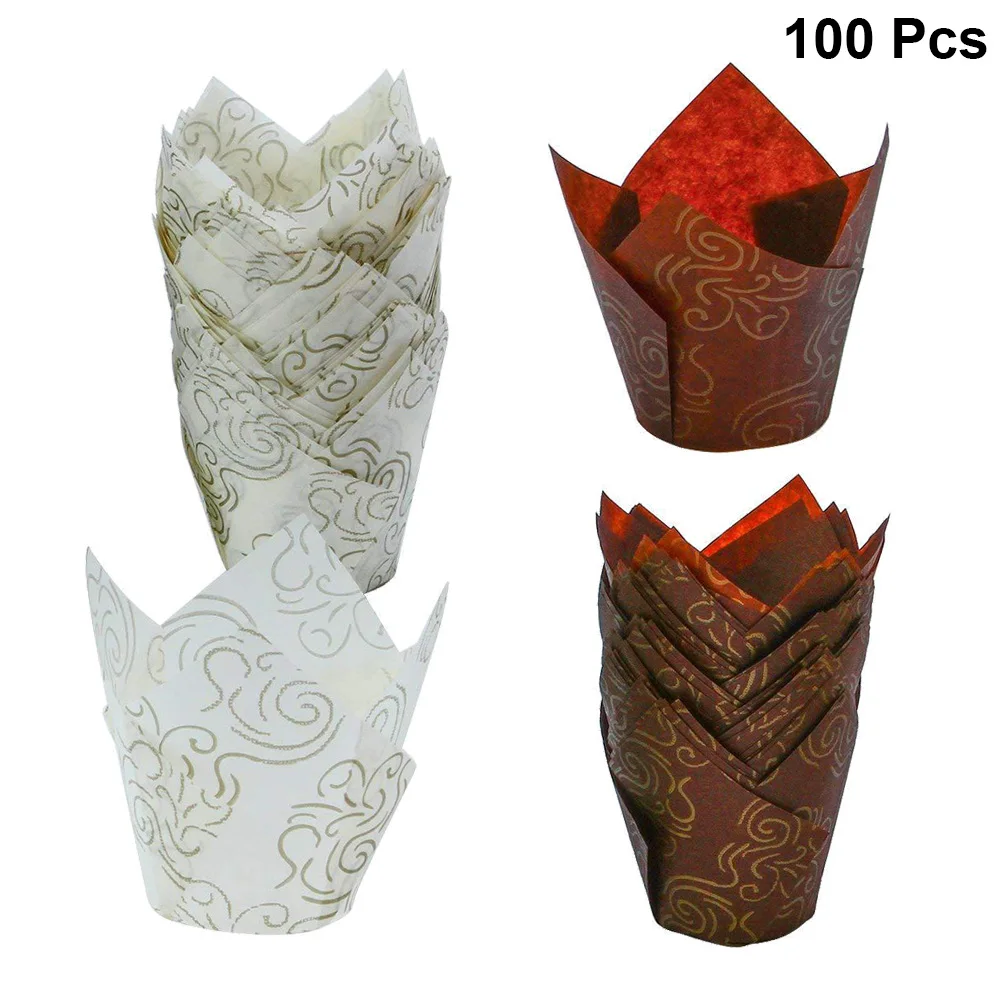 100pcs Tulip Flame Shape Cake Cup Wraps Oil-Proof Paper Tray Cupcake Liner Wrappers For Wedding Birthday Party(Mixed 2 Colors