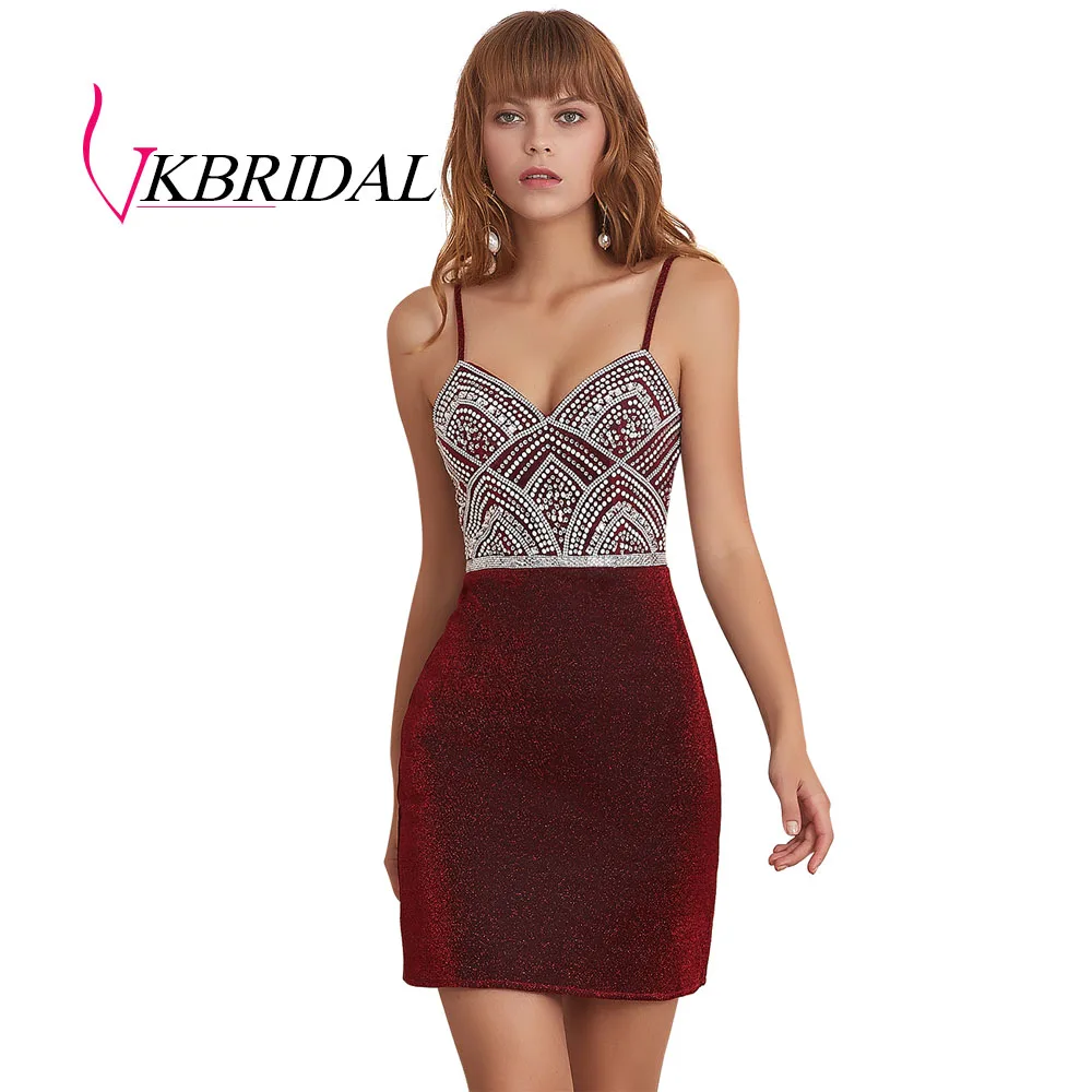 burgundy VKBRIDAL сексуальные коктейльные платья на бретельках сексуальный бордовый лиф сердечком блестящее бисерное короткое платье для выпускного вечера - Цвет: burgundy