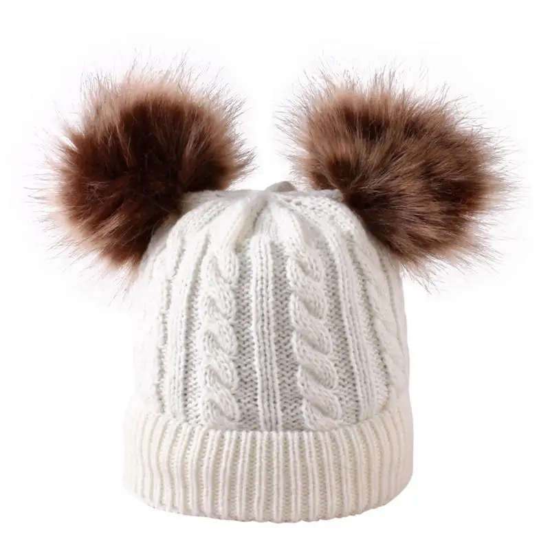 Balleenshiny/Модная детская шапка s, Милая зимняя шапка с помпоном для малышей, двойная шапка с меховым помпоном, теплая вязаная шапка для новорожденного - Цвет: Белый