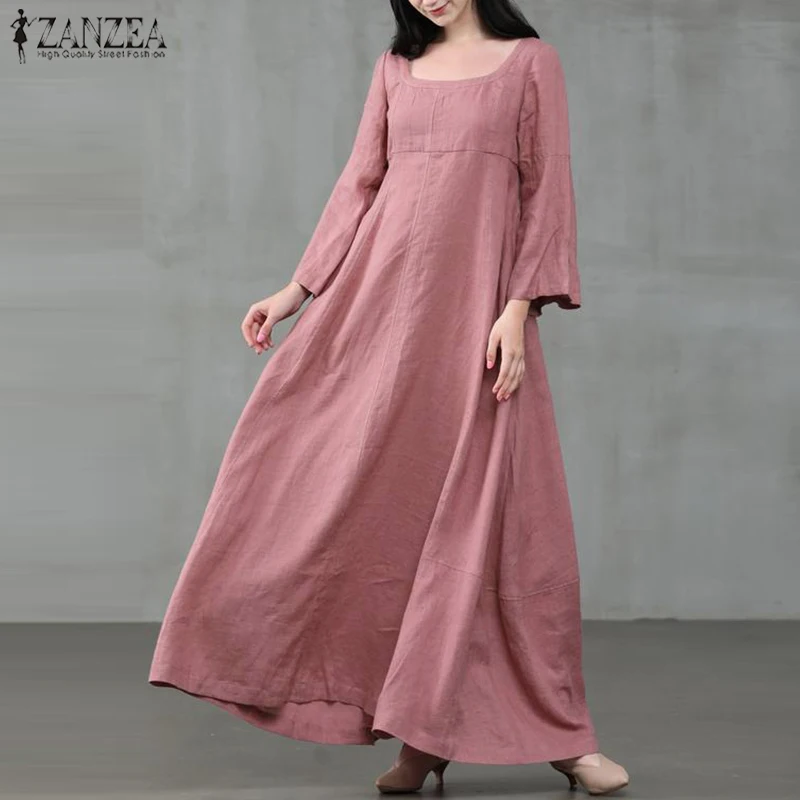 Retro Square Neck Maxi Dress Womens Autumn Sundress ZANZEA 2020 Casual Flare Sleeve Vestidos Female Solid Robe Oversized 5XL
