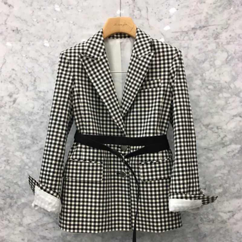 

2019 new autumn women's jacket suit Casual Slim Single Breasted Black and White Plaid Blazer Female office jacket top