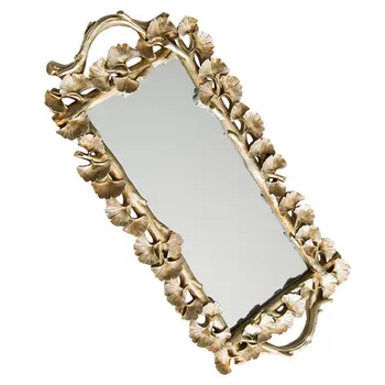 

1Pc Rectangular Gingko Leaf Retro Carved Tray Mirror Tea Fruit Dessert Coffee Dessert Table Storage Tray(Golden)
