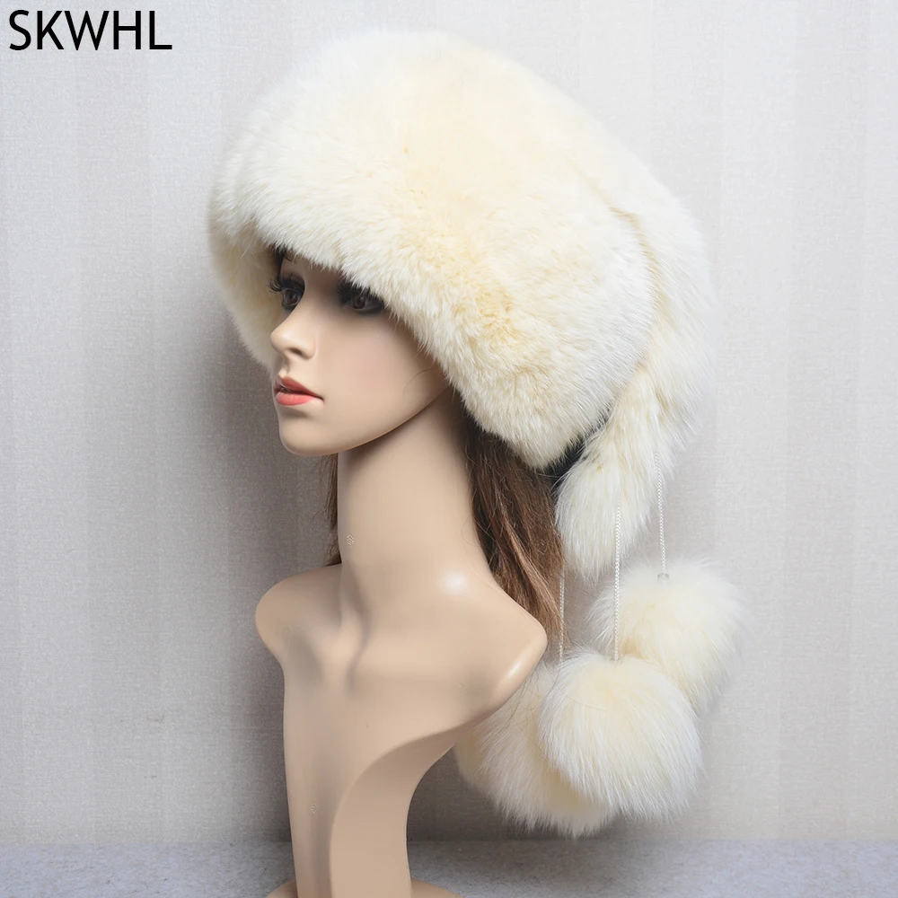 

Winter Warm Women Russian Raccoon Royal Fur Caps Fox fur Hat Dome Mongolian Hat Fur Hat Luxury Lady Natural Fox Fur Bomber Hat