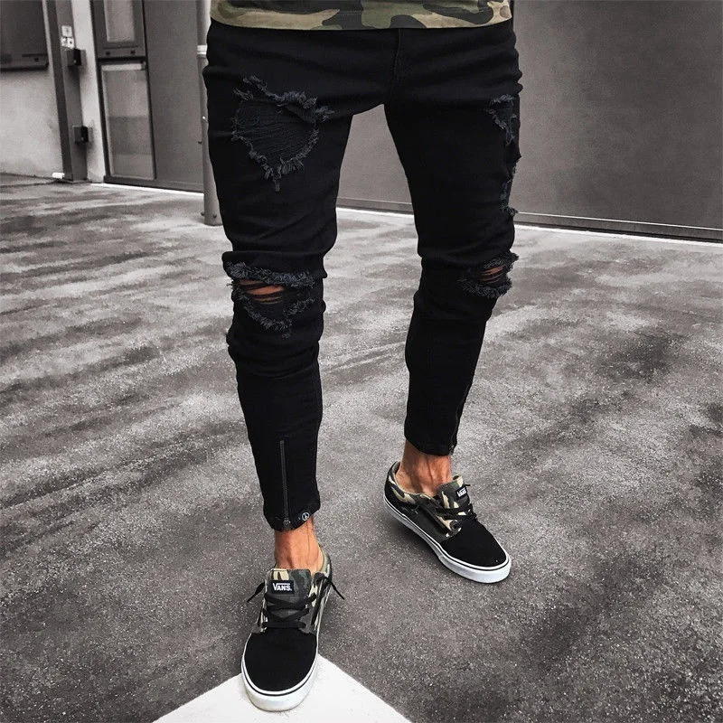 Men Tight Jeans Denim Hole Ruined light-colored Ripped Feet Pants Men Stretch Trousers New Europe And America jeans pant