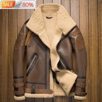 

Sheep Shearling Men's Genuine Leather Men Motorcycle Aviation Flight Jacket Natural Wool Fur Coat A156