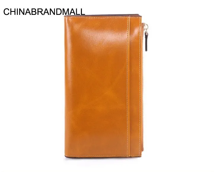 

Genuine leather women solid long purse 3 folder card holder wallet