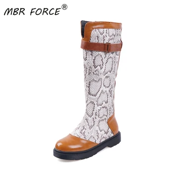 

MBR FORCE New High quality Leopard Ladies Women round toe knee high Boots med heels large size 34-43 shoes Woman Female brown