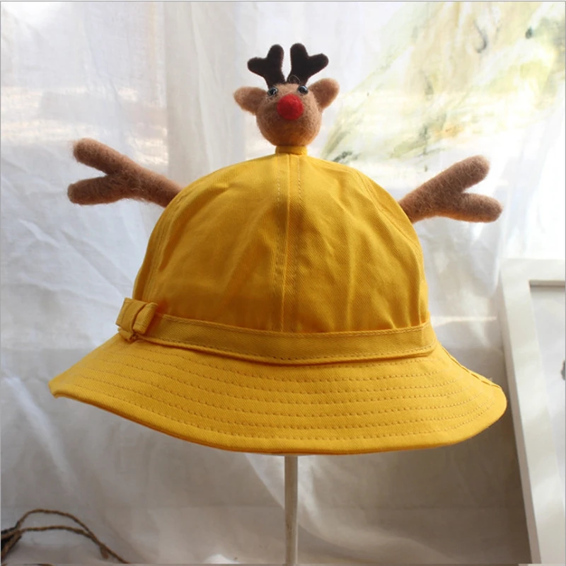 kids and audlt bowknot cap cotton thin hat cartoon wool felt small yellow hat kindergarten baby sunshade fisherman hat - Цвет: E