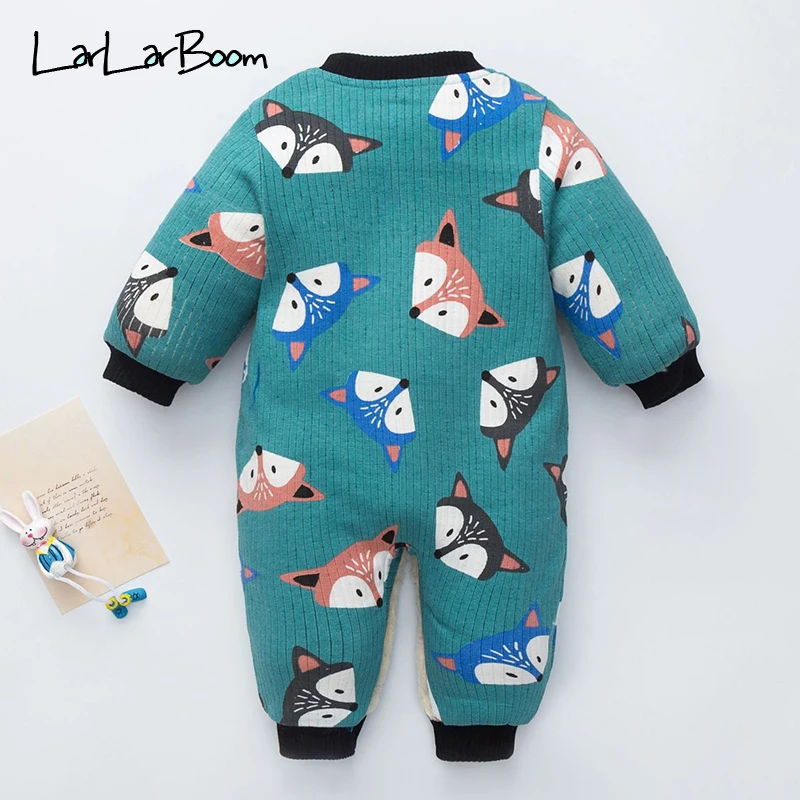 LarLarBoom новорожденных ползунки для малышей с мультипликационным принтом «Лиса» из флиса теплый комбинезон, спортивный костюм мягкие пижамы для малышей плюс бархатное платье с утолщением