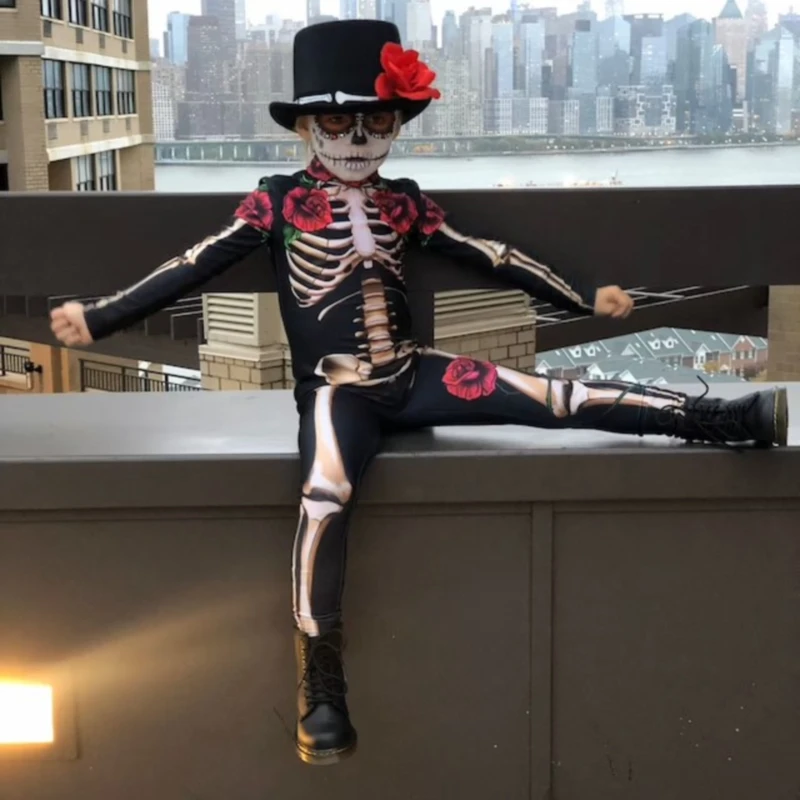 Rose Butterfly Skeleton Adult Kids Scary Halloween Cosplay Costume Sexy Jumpsuit Carnival Day of The Dead Baby Girl Bodysuit