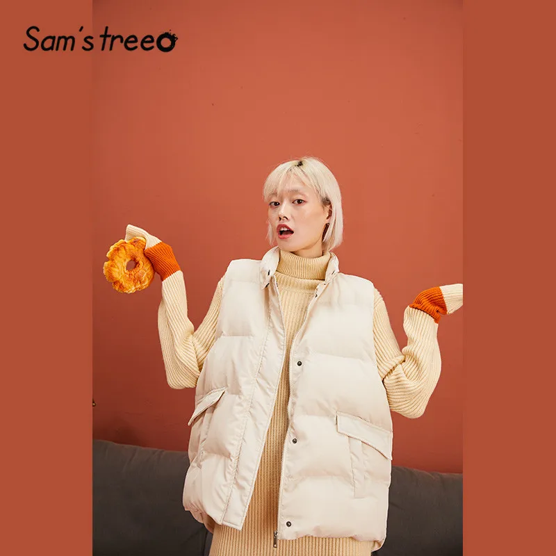 Goedkoop SAM S BOOM Zwart Solid Straight Warmness Bodywarmer Jas Vrouwen 2019 Winter Wit Pure Rits Mouwloze Oversived Vrouwelijke Outwears