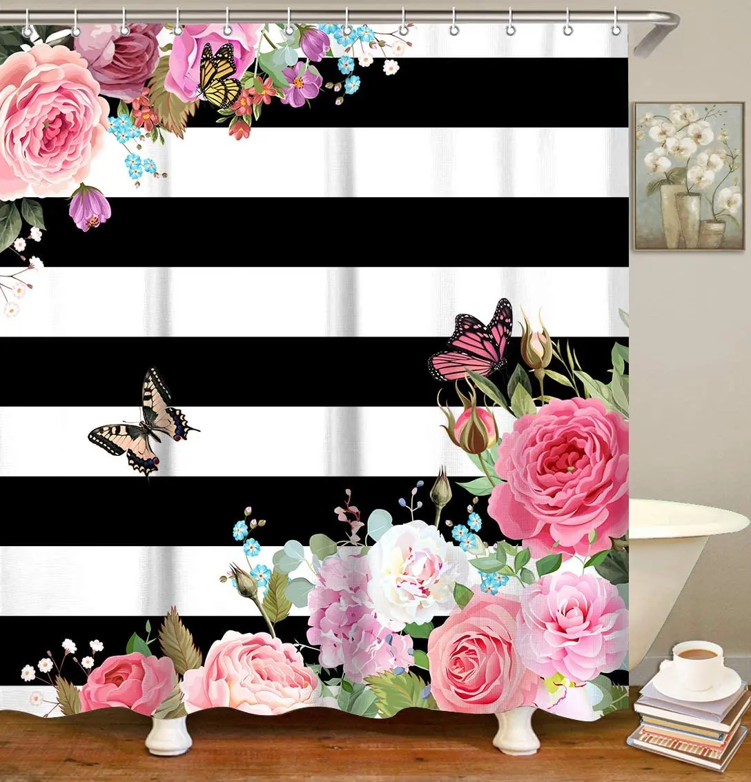 

Pink Floral Shower Curtain Rose Flower Fabric Bathroom Curtains Sets with Hooks Black and White Stripes Pattern Machine Washable