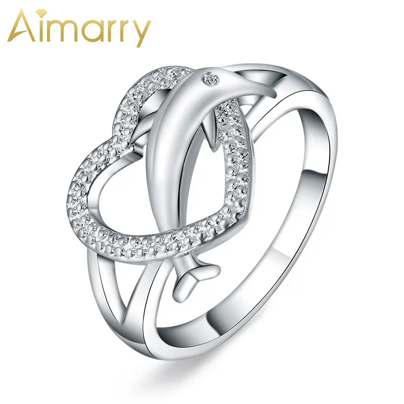 Aimarry 925 стерлингового серебра ювелирные изделия AAA циркон любящее сердце Дельфин кольцо для женщин вечерние