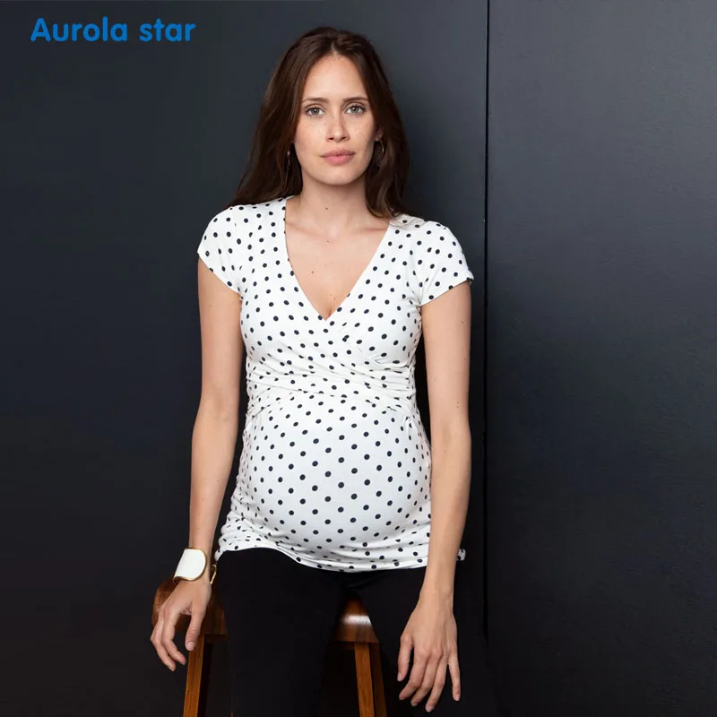 

Pregnancy Top Maternity Blouse Nursing Tops Breastfeeding Blouse Top Baby Shower TopBlouse Tops Polka White Stripe Cutton Blouse