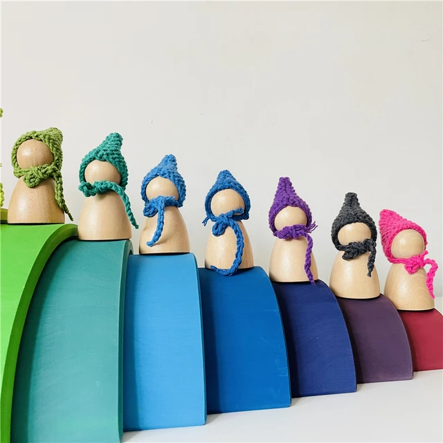 Kids Rainbow Peg Dolls with Knitting Hat Baby Pretend Play Unfinished People Figures Shape Montessori Wooden Educational Toys 4