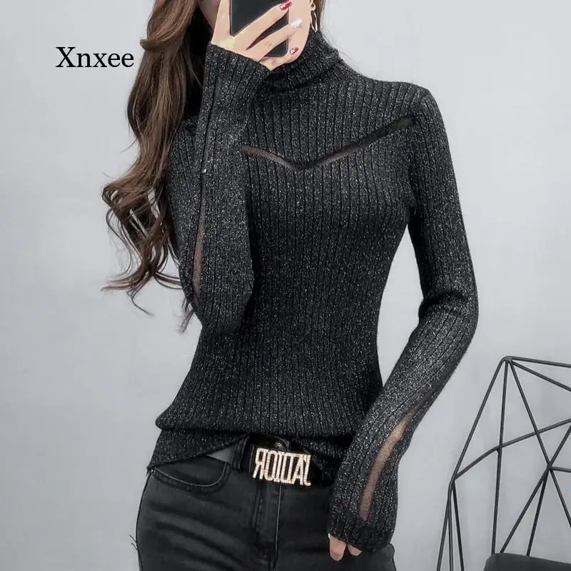 

Sexy Turtleneck Tops Perspective Net Yarn Splicing Sweater Slim Female Long-Sleeved Knitwear Bright Pull Lady Sweaters Pullover