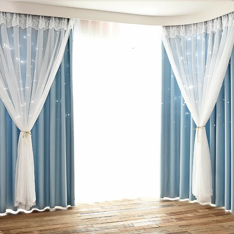 Fashion korean style pink hollow star kids curtains double layer black out window curtains for living room decorative - Цвет: Blue