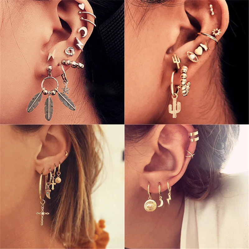 5-10pc/lot New Boho Mixed Metal Gold Crystal Pendant Earrings Set For Women Female Moon Feather Vintage Jewelry Accessories | Украшения и